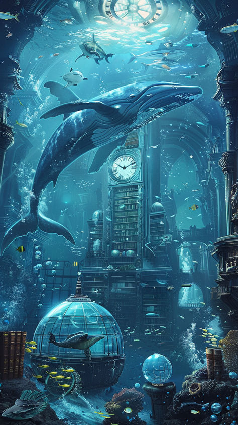 Dive into the depths of imagination with this enchanting underwater library, where glass domes house sphere-shaped books and a grand clock stands at the center, ticking away in a world submerged in deep blue. 📚🐳#UnderwaterLibrary #FantasyArt #OceanicWonder #ScienceFictionFantasy #DreamyAtmosphere #ImaginaryWorlds #SurrealCreatures #WhaleAbove #ArtisticWonder #FantasyIllustration #OceanDreams #DeepBlueSea #foryoupage #fyp #art Underwater Cathedral, Underwater Facility, Underwater Concept Art, Underwater Library, Underwater World Art, Ocean Library, Mythical Places, Underwater Tunnel, Underwater Aesthetic