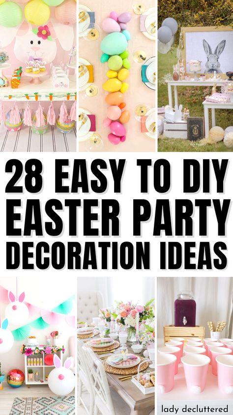 28 Easy to DIY Easter Party Decoration Ideas Easter Party Decorations Table, Easter Themed Birthday Party Decorations, Kids Easter Table Setting, Bunny Backdrop Party Ideas, Easter Party Decorations, Outdoor Easter Party, Table Set Up For Bunny Party, Family Easter Party, Simple Easter Decor