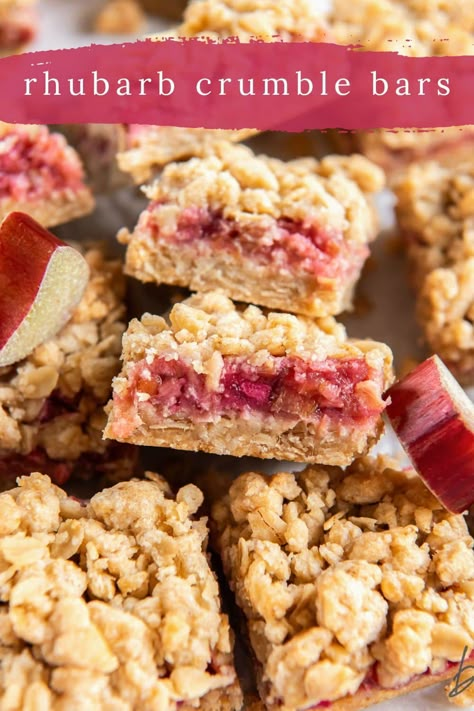 Bake a tart, yet buttery, dessert bar this summer. Made with chewy oats, these rhubarb crumble bars are easy to make from scratch. Cooked Rhubarb, Rhubarb Crumble Bars, Rhubarb Bars Recipes, Milo Recipe, Easy Rhubarb Recipes, Rhubarb Crumble Recipes, Rhubarb Bars, Streusel Bars, Blueberry Crumble Bars