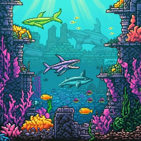 funny big eyed sharks, underwater castle, multicolored corals around, sunlight, pixel art style, clean 8 bit, sega genesis Pixel Art Underwater, Shark Pixel Art, Sharks Underwater, Underwater Castle, Sprite Sheet, Sea Plants, Underwater City, Art Pretty, Sea Coral