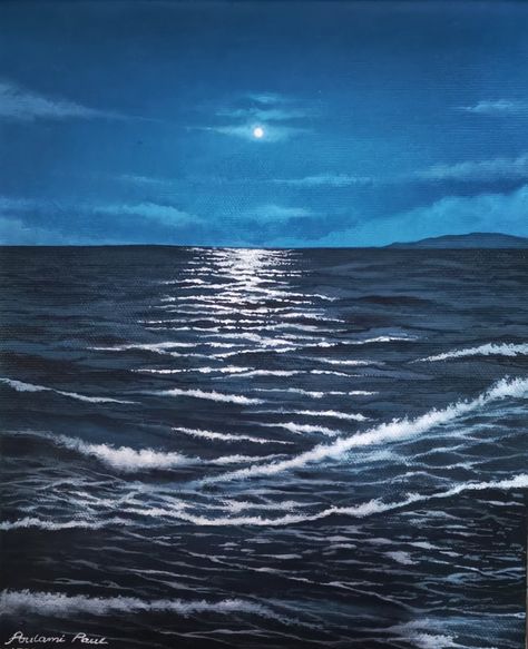 Acrylic painting on canvas Ocean At Night Painting, Ocean Paintings, Ocean At Night, Sky Moon, Ocean Painting, Night Painting, Acrylic Painting On Canvas, Acrylic Painting Canvas, Art References