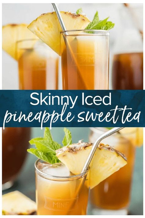 Iced Pineapple Tea is a fruity, refreshing drink for hot days. So cheers to summer with SKINNY PINEAPPLE SWEET TEA! This iced tea recipe is sweetened with a dash of Stevia and uses 100% pineapple juice for just the right amount of flavor. This is the perfect guilt-free refreshment for those hot summer days! Pineapple Iced Tea Recipe, Flavored Tea Recipes, Family Drinks, Sweet Iced Tea, Pineapple Juice Recipes, Pineapple Tea, Iced Tea Recipe, Food Dolls, Viral Recipes