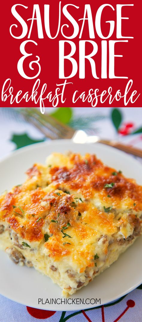 Sausage and Brie Breakfast Casserole - SO amazing! Make this the night before and bake in the morning. Sausage, brie, parmesan, white bread, eggs, whipping cream, milk, dry mustard, salt. This is our favorite breakfast casserole. A MUST for Christmas morning! Brie Dishes, Breakfast Brie, Brie Breakfast, Sausage Bread, Sausage Dinner, Brie Recipes, Breakfast Casseroles, Plain Chicken, Breakfast Casserole Sausage