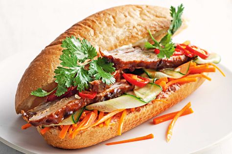 Marion Grasby reveals the secret to the perfect Vietnamese pork roll. Vietnamese Bbq Pork, Vietnamese Bbq, Vietnamese Pork Roll, Pork Belly Roast, Vietnamese Sandwich, Vietnamese Pork, Sticky Pork, Bahn Mi, Pork Roll