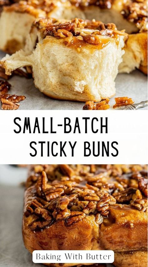 I love making these small-batch sticky buns when I’m craving something sweet and indulgent. This recipe makes 9 perfectly fluffy cinnamon rolls, topped with gooey honey caramel and crunchy pecans. You can make them the same day or let them rise overnight for an easy morning treat. Sticky buns are basically cinnamon rolls baked in a pool of caramel and chopped pecans, then flipped upside down after baking so the gooey caramel and nuts become the glaze. Butterscotch Sticky Buns, Quick Sticky Buns, Pecan Cinnamon Rolls Recipe, Easy Sticky Bun Recipe, Homemade Sticky Buns, Pecan Glaze, Sticky Buns Recipe, Buns Recipe Easy, Easy Sticky Buns