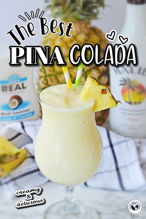 This frosty Pina Colada made with coconut rum is almost like a vacation to the tropics! Close your eyes and sip! We can dream! Either way, the flavor is delicious! Light Pina Colada Recipe, Pina Colada Drinks Alcohol, Pina Colada Margarita, Pina Colada Recipe Alcoholic, Easy Frozen Drinks Alcohol, Pina Colada Recipe Virgin, Piña Colada Recipe Alcohol, Pins Colada Recipe, Malibu Pina Colada