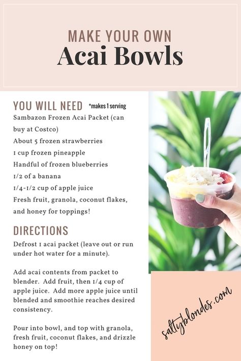 Acai Bowl Recipe Easy How To Make, Sambazon Acai Bowl Recipes, Make Acai Bowls At Home, Acai Bowl Topping Ideas, Acai Bowl Base Recipe, How To Make Acai Puree, Jamba Juice Acai Bowl Recipe, Acai Bowl Ideas, How To Make Acai