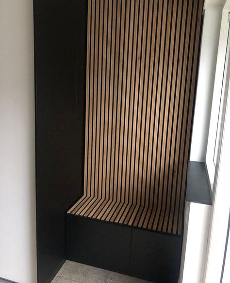 Wooden slat wall, wall panels & sliding doors here at » WoodUpp Wood Slat Wall Hallway, Wall Paneling Hallway, Paneling Hallway, Acoustic Panels Diy, Vstupná Hala, Wall Paneling Diy, Wood Slat Wall, Hallway Designs, Wooden Wall Panels