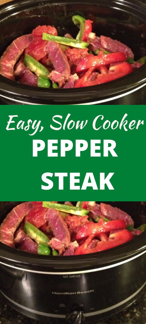 Steak Crockpot Recipes Easy, Slow Cooker Pepper Steak Recipe, Peper Steak, Slow Cooker Pepper Steak, Crockpot Steak Recipes, Crockpot Pepper Steak, Crockpot Stuffed Peppers, Slow Cooker Steak, Crockpot Steak