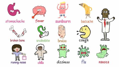 Common Names of Illnesses and Diseases in English for the Doctor's Office. Learn health problems vocabulary. English Farm, Common English Idioms, Animals Name In English, Vocabulary In English, Free English Lessons, Learn English For Free, Visual Dictionary, Idioms And Phrases, Math Vocabulary