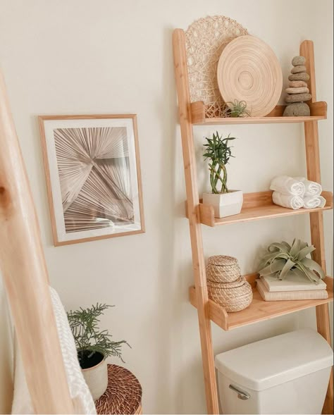 Spa bathroom neutral decor simple refreshing bathroom Boho Shelves Bathroom, Spa Like Half Bathroom Ideas, Coastal Boho Interior Bathroom, Modern Boho Bathroom Decor Ideas, Natural Spa Like Bathroom, Small Bathroom Ideas Neutral Color, Natural Spa Bathroom Ideas, Spa Bathroom Shelf Decor, Simple Boho Bathroom Decor