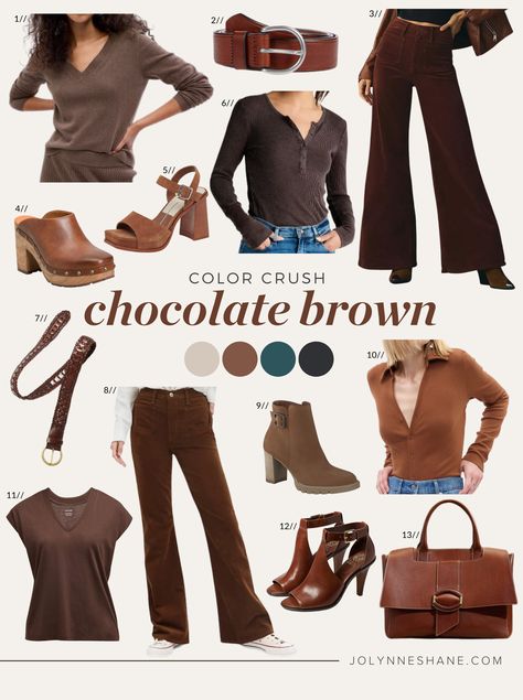 Chocolate brown is everywhere in fashion this fall, and fashion expert Jo-Lynne Shane is sharing some favorite chocolate brown clothing and accessory items that you can add to your wardrobe in this post filled with fashion tips and tricks for women over40. Fall Color Trend, Deep Autumn Color Palette, Flowy Skirts, Brown Clothing, Brown I, Autumn Wear, Monochromatic Outfit, Cozy Fall Outfits, Style 2023