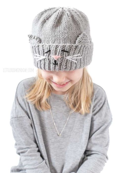 Hat Free Knitting Pattern, Cat Hat Pattern, Hats For Babies, Double Pointed Knitting Needles, Baby Hat Knitting Pattern, Kids Winter Hats, Hat Knitting Pattern, Knitted Cat, Hat Knitting