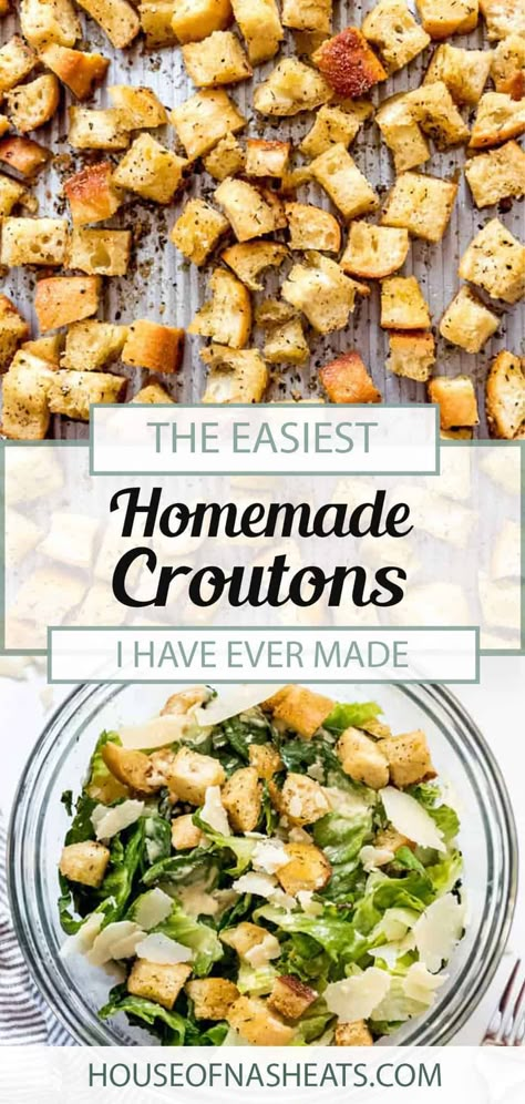 Homemade Croutons, laced with garlic and Italian seasoning, are SO easy to make! They pair perfectly with soups and salads, and can even go in homemade stuffing recipes. They are the perfect way to add a little crunch to your meal. These homemade garlic croutons are ready in 30 minutes or less, and can also be made gluten-free. #croutons #homemade #howtomake #best #easy #bread #salad #garlic #seasoning Homemade Stuffing Recipes, Croutons Recipe, Crouton Recipes, Tomato Soup Easy, Homemade Stuffing, Stuffing Ingredients, Satisfying Salads, Croutons Homemade, Stuffing Recipes