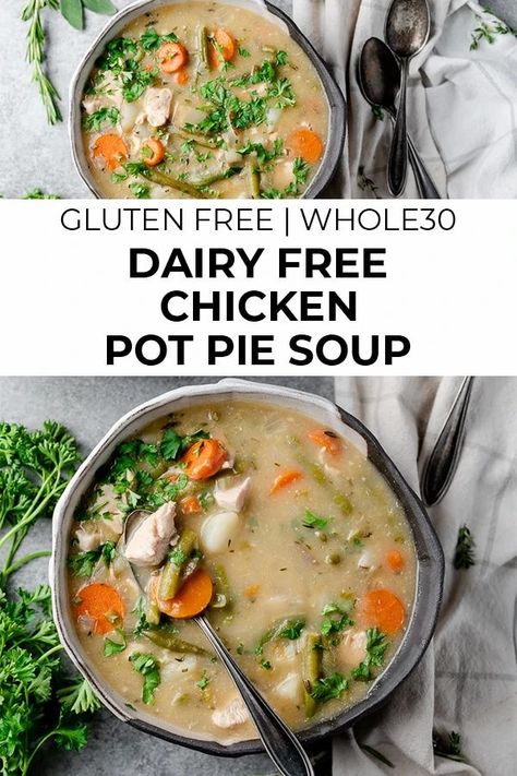 This dairy free chicken pot pie soup features a simple blend of fresh veggies and is thickened with cassava flour. It's creamy, hearty, and gloriously simple. Paleo, Whole30, and gluten free too! #paleo #whole30 #lowcarb #glutenfree Dairy Free Chicken Pot Pie Soup, Dairy Free Chicken Pot Pie, Whole30 Soup Recipes, Simple Paleo, Paleo Soup, Chicken Pot Pie Soup, Pot Pie Soup, Cassava Flour, Paleo Snacks