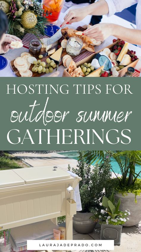 Hosting tips for outdoor summer gatherings - tips and tricks for how to host a summer party Hosting Backyard Party, Outdoor Hosting Backyard Parties, Outdoor Summer Hosting Ideas, Outdoor Party Setup, Summer Backyard Party, Adult Summer Party, Large Party Decorations, Lazy Pool, Backyard Hosting