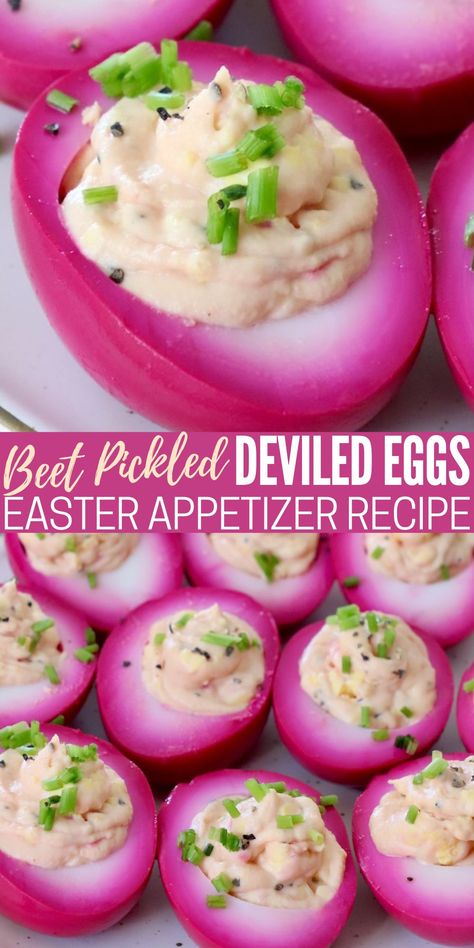 Make the most stunning appetizer ever with this recipe for Beet Deviled Eggs! Bright pink on the outside with a creamy filling inside, these beet pickled deviled eggs are both beautiful and delicious. They're perfect for picnics, parties or Easter dinner! Colorful Deviled Eggs, Beet Deviled Eggs, Pickled Deviled Eggs, Pickled Eggs Recipe, Perfect Deviled Eggs, Easter Deviled Eggs, Easter Food Appetizers, Peeling Hard Boiled Eggs, Making Hard Boiled Eggs