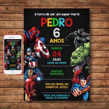 Convite Digital - Vingadores no Elo7 | le puppe (10F047B) Avengers Decorations, Super Hero Theme, Avengers Birthday, 5th Birthday, Video Games Artwork, Video Game Covers, Hulk, Save The Date, Party Themes