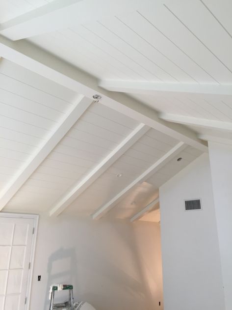 White Tongue And Groove Ceiling, Tongue Groove Ceiling, Ceiling With Beams, Ceiling Beams Living Room, Vaulted Ceiling Beams, Decorative Ceiling Panels, Groove Ceiling, Beams Living Room, White Tongue