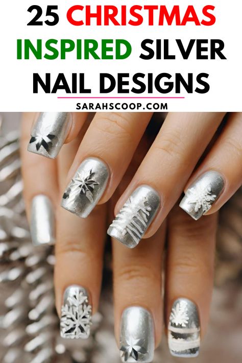 Get ready to sparkle in 2023! Here are 25 Stunning Silver Christmas Nail Designs that you're absolutely going to adore! Your nails will twinkle brighter than any Christmas light! 💅🎅#NailArtTrends2023 #SilverChristmasNails #FestiveManicures #NailIdeas #SilverNails Silver Nails For Christmas, Christmas Nails Silver Glitter, Christmas Nail Designs Silver, Silver Nails Christmas, Holiday Nails Silver, Christmas Nails Metallic, Silver Xmas Nails, Metallic Christmas Nails, Silver Christmas Nail Designs