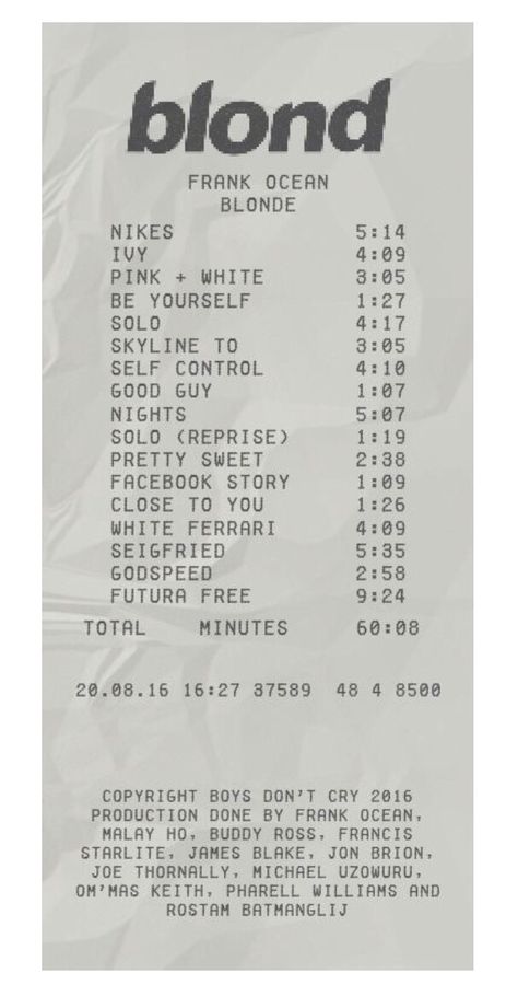 Blonde Receipt Frank Ocean, Blond Receipt, Music Receipts, Blond Poster, Album Receipts, Aesthetic Bujo, Bujo Aesthetic, Album Receipt, Photowall Ideas