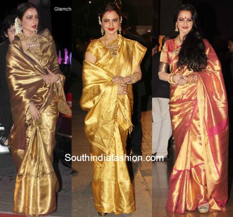 Rekha in golden kanjeevarams Golden Silk Saree Bridal, Rekha Style Blouse Design, Rekha Actress Saree, Golden Colour Saree, Golden Color Saree, Gold Kanjeevaram Saree, Rekha Sarees, Golden Sarees, Rekha Saree Collection