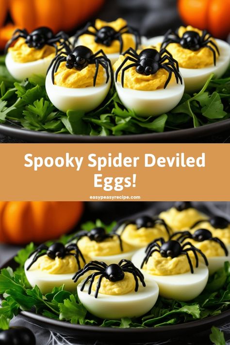 A plate of deviled eggs with spider-shaped olive toppings, perfect for a spooky Halloween recipe. Halloween Party Food Deviled Eggs, Deviled Eggs With Spiders, Halloween Food Deviled Eggs, Spider Devilled Eggs, Spooky Spider Deviled Eggs, Spooky Deviled Egg Spiders, Seasonal Breakfast Ideas, Halloween Deviled Eggs Spider, Spider Deviled Eggs Halloween