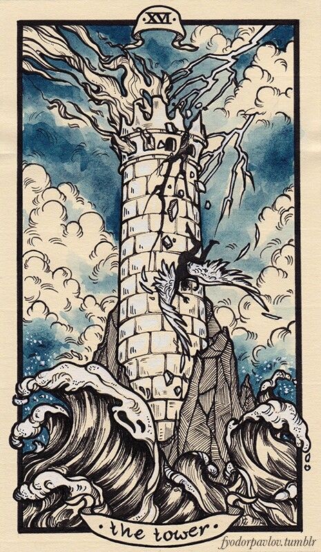 The Tower Tarot card: I love the watercolor quality of this tarot card, and I think drawing my own design and digitally coloring it in would be interesting. Fyodor Pavlov, Think Drawing, Tower Tarot Card, Tarot Card Artwork, Tarot Cards Art Illustration, The Tower Tarot Card, The Tower Tarot, Tarot Card Tattoo, Tarot Tattoo