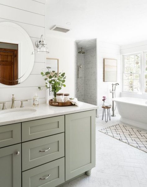 Could This Be Your Dream Bathroom? | Town & Country Living Green Cabinets Bathroom, Sage Green Bathroom, Light Green Bathrooms, Green Bathroom Vanity, Green Vanity, White Shiplap Wall, Pretty Bathrooms, Green Cabinets, Main Bathroom