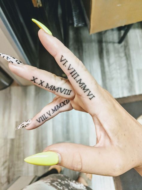 Roman numeral birthdates Roman Numeral Nails Design, Roman Numeral Tattoo On Finger, Finger Roman Numeral Tattoo, Roman Numeral Tattoo On Hand, Roman Numeral Hand Tattoo, Roman Numeral Tattoo Finger, Roman Numeral Finger Tattoo, Finger Nail Tattoo, Roman Numeral Tattoo Arm