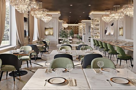 Restaurant on Behance Luxury Restaurant Interior, Luxury Living Room Inspiration, Restaurant Design Inspiration, Classic Restaurant, Elegant Restaurants, Interior Design Dubai, Neoclassical Interior, Luxury Restaurant, Hotel Interior Design