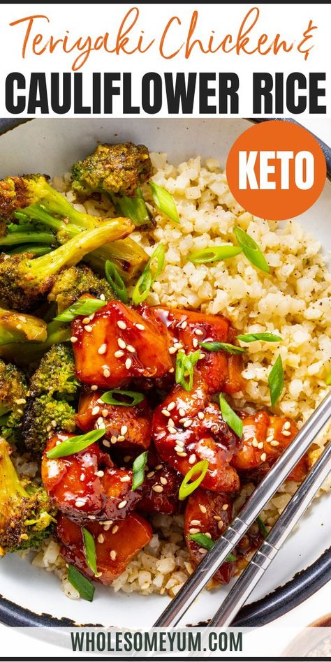 Keto Teriyaki Chicken and Cauliflower Rice Chicken And Califlour Rice, Dinner Ideas With Broccoli And Cauliflower, Teriyaki Chicken Cauliflower Rice Bowl, Teriyaki Cauliflower Rice, Chicken And Riced Cauliflower Recipes, Chicken And Rice Low Calorie, Cauliflower Rice And Chicken Recipes, Chicken And Califlour Recipes, Meals With Cauliflower Rice