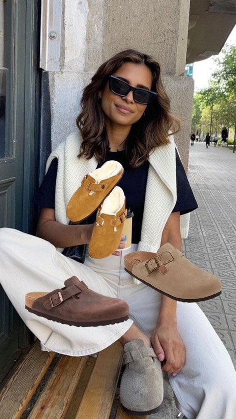 Women Boston Birkenstock Outfit, Mink Birkenstock Clogs Outfit, Birkenstock Boston Shearling Outfit, Fuzzy Birkenstocks Outfit, Birkenstock Shearling Clogs Outfit, Shearling Birkenstock Outfit, Clog Shoes Outfit, Birkenstock Boston Clog Outfit, Boston Birks