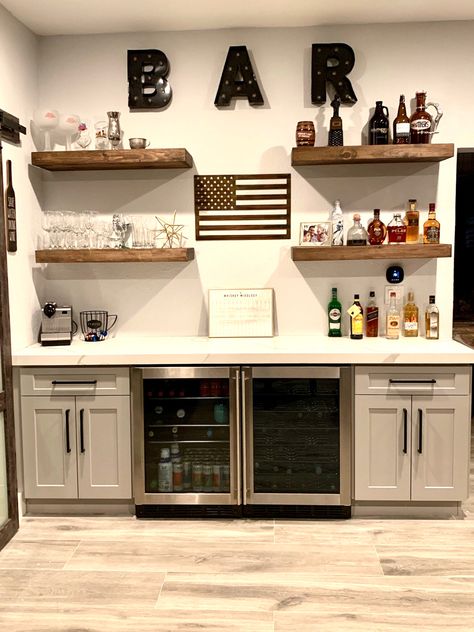 Kitchenette Shelving Ideas, Simple Dry Bar Ideas Basement, Basement Bar Against Wall, Small Kitchenette Ideas Basements, Basement Fridge Ideas, Small Bar Area In Basement, Basement Wall Bar Ideas, Basement Beverage Station, Basement Dry Bar With Fridge