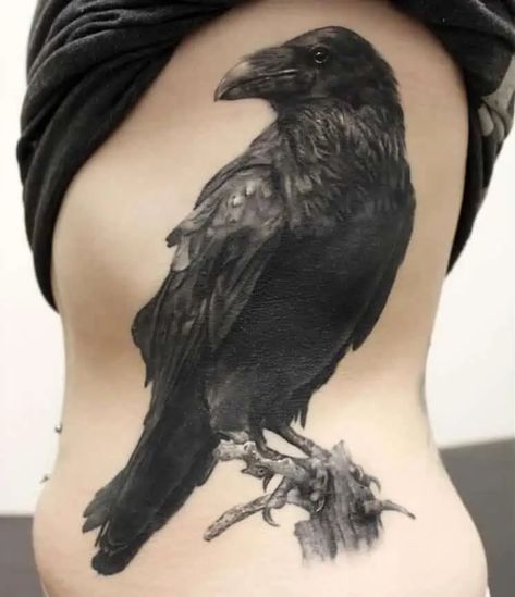 https://thestyleup.com/wp-content/uploads/2020/03/crow-raven-rib-tattoo-4.webp Black Crow Tattoos, Raven Tattoos, Rabe Tattoo, Octopus Tattoo Sleeve, Crow Tattoo Design, Tattoo Thoughts, Crow Tattoo, Raven Tattoo, Side Tattoos