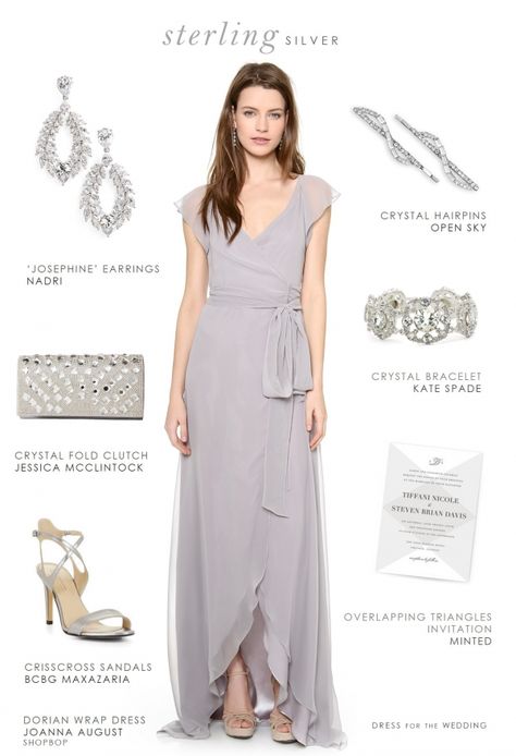 Sterling Silver Bridesmaid Styling Inspiration from @dressforwedding on @aislesociety Grey Dress Outfit Wedding, Sleeved Bridesmaid Dresses, What Accessories To Wear, Blue And Ivory Wedding, Grey Dress Outfit, Black Tie Wedding Attire, Gray Bridesmaid Dresses, Silver Grey Dress, Black Tie Wedding Guest Dress