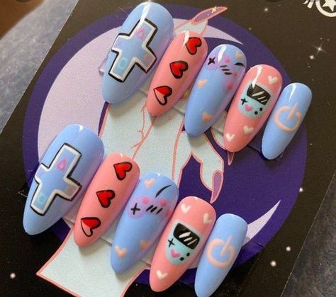 Game Nails Art, Gaming Nails Art, Gamer Nails Design, How To Draw On Nails, Gaming Nails, Video Game Nails, Nintendo Nails, Gamer Nails, Game Nails