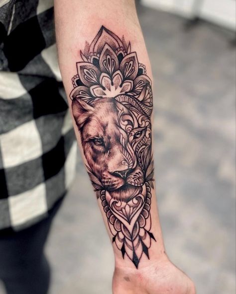 Lioness tattoo half realistic half mandala / dotwork / ornamental #woxtattoo #dotwotktattoo #mandalatattoo #lioness #tattooideas #tattooideasformen Madrid tattoo Forarm Tattoos For Women, Animal Mandala Tattoo, Mandala Tattoo Sleeve Women, Lion Arm Tattoo, Lioness Tattoo Design, Dotwork Tattoo Mandala, Mandela Tattoo, Mother Tattoos For Children, Half Mandala