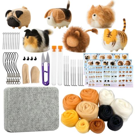 PRICES MAY VARY. 【Complete Needle Felting Kit】: Kits includes all tools and materials needed: 7 Colored Wool Roving 2.08oz, 1x Wool Needle Felting Pad, 9 x Needles in bottle (38 gauge x 3, 40 gauge x 3, 42 gauge x 3), Instruction and tutorial videos, 6pcs Phone lanyard, 10pcs 9-Shaped Needles, Dog's nose, 1 Pair Leather Finger protector, 1 x Yarn Scissors 【Felting Kits for Beginners Adult】: You don't have to worry if you have no prior experience with needle felting, because this series of facele Bean Crafts, Felting Tools, Craft Kits For Adults, Crochet Cats, Felting Diy, Felting Inspiration, Felting Needles, Needle Felting Supplies, Wool Needle Felting