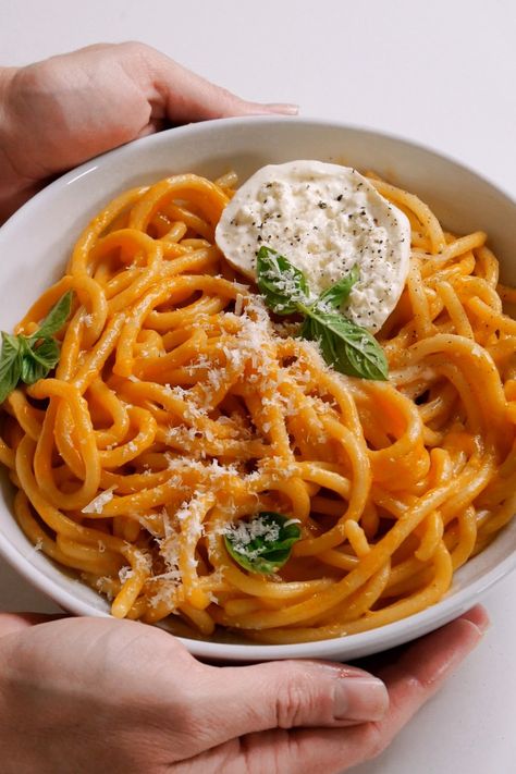 Tomato Butter Pici with Burrata and Basil Burrata And Pasta, Pici Recipe, Burrata Recipe Dinners, Buratta Recipe Dinners, Pasta With Burrata Cheese, Recipes With Burrata Cheese, Burrata Spaghetti, Tomato Butter Pasta, Spaghetti With Burrata