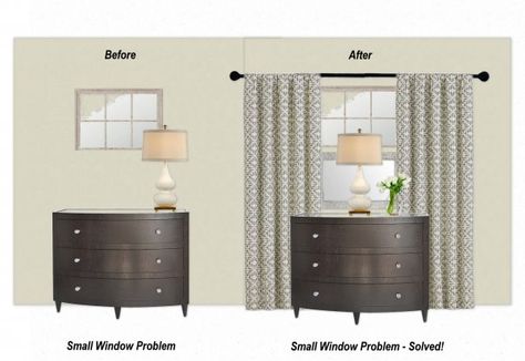 Interior Designer's trick for small windows - mount a mirror lengthwise under the window, then hang floor length window panels from above the window.  Place a lamp in the middle of the dresser to camouflage the mirror and help integrate it with the window above. High Windows, Basement Windows, Small Basements, Small Window, Basement Bedrooms, Small Windows, Bedroom Windows, Trendy Bedroom, Finishing Basement