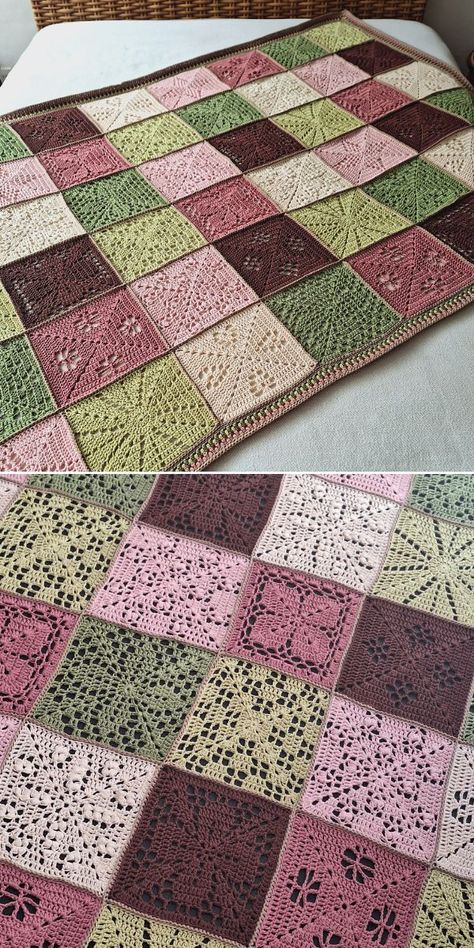 Nature's Walk CAL Ideas - Free Pattern and Inspiration Pink And Brown Crochet Blanket, Green Crochet Blankets, Dark Crochet Blanket, Random Granny Square Blanket, Granny Square Color Combinations, Crochet Color Combinations, Pink Crochet Blanket, Pink And Blue Crochet, Pink And Green Crochet