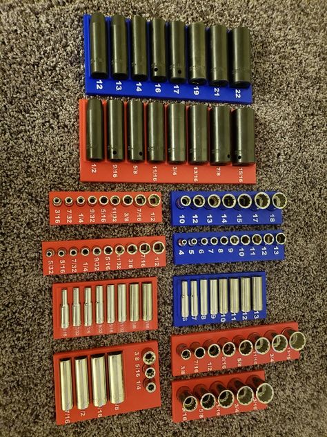 Socket Organizer Set by Andeker - Thingiverse 3d Printed Socket Organizer, 3d Printed Tool Organizer, Toolbox Socket Organizer, Tool Drawer Organizer, Woodshop Organization, Socket Organizer, Tool Drawers, Useful 3d Prints, Garage Organization Diy