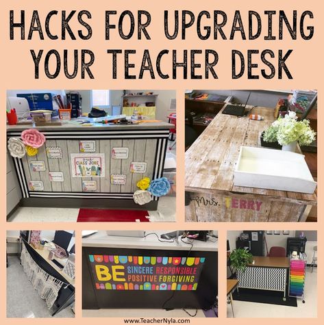 The easiest thing you can do to beautify your desk, save space, and get some extra use out of it is to turn it into a bulletin board. If your classroom is Diy Classroom Decorations High School, Teacher Desk Makeover, Teacher Desk Decorations, Desk Makeover Ideas, Teacher Desk Area, Teacher Desk Areas, Classroom Jobs Display, Hollywood Theme Classroom, Teachers Desk