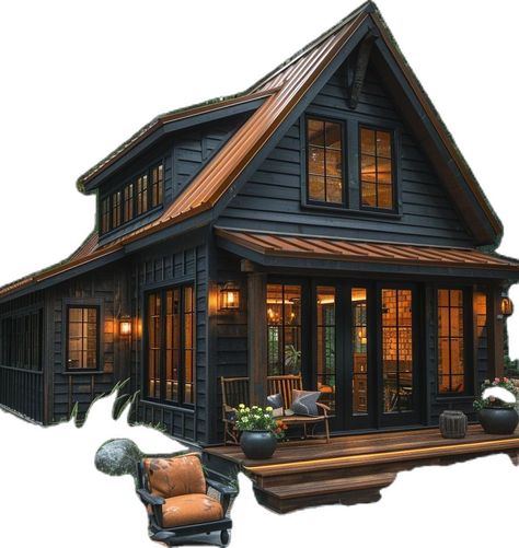 Black And Wood Barndominium Exterior, Chalet Home Decor, Modern But Cozy House, Lakehouse Barndominium, Small Lodge Style Homes, Barndo Cabin, Lake Cottage Plans, Small Barndominium Interior, Cabin With Garage