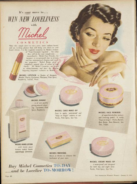 1951 advertisement for Michel cosmetics : Free Download, Borrow, and Streaming : Internet Archive Vintage Cosmetics Ads, 1950s Skincare, 50s Skincare, 1950s Beauty, Cosmetics Aesthetic, Vintage Beauty Products, Vintage Beauty Ads, American Makeup, Beauty Advertising