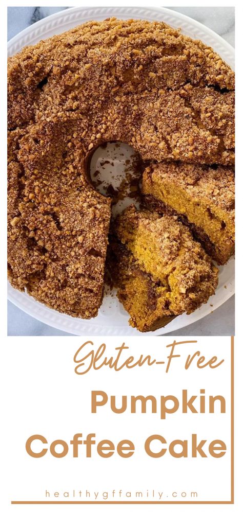 Gluten-Free Pumpkin Coffee Cake – healthyGFfamily.com Easy Gluten Free Coffee Cake, Gf Pumpkin Coffee Cake, Gluten Free Octoberfest Food, Gluten Free Pumpkin Spice Cake Recipe, Dairy Free Pumpkin Coffee Cake, Gluten Free Pumpkin Crumb Cake, Gluten Free Pumpkin Breakfast Recipes, Gluten Free Baked Desserts, Gluten Free Pumpkin Coffee Cake Recipe