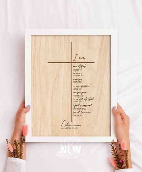 "Baptism Gift Girl, Personalized PRINTABLE, Baby Girl Gift, Nursery Wall Art, Godchild Baptism Sign Dedication Gift, Nursery Decor, Christian, Goddaughter, cross Baptism ----------------------------------------------------------------------------- I am: Great reminder of who you are in Christ this day forth and everyday ♥ This print contains 8 important bible verses on identity. We want you to be reminded everyday of your life of the truth of who you are. Only through knowing your God-given iden Important Bible Verses, Baby Dedication Gifts, Baby Baptism Gifts, Christian Baptism, Dedication Ideas, Dekor Diy, Baby Dedication, Baby Baptism