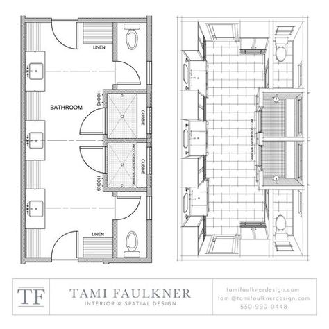 Often we design shared bathrooms for two people but what makes the design of this space unusual, is it needed to accommodate three little boys at one time, and then be able to provide more privacy as they get older. Before actually starting on the floor plans, I had all sorts of ideas of how the space might be interpreted, especially as it related to achieving visual balance with what I assumed was going to be three sinks with storage, one toilet room, one shower and one linen. What I didn&rsq Community Bathroom Ideas, Double Toilet Bathroom Layout, Three Way Bathroom, Shared Shower Between Bathrooms, Large Family Bathroom Ideas, Two Toilets In One Bathroom, Shared Bathroom Layout, Community Bathroom, Coastal Mcm