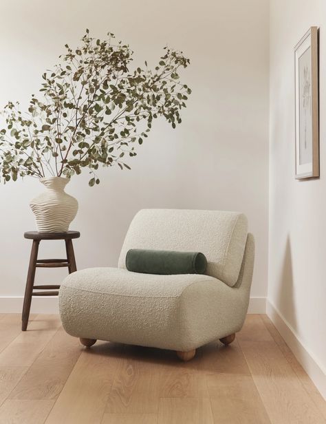 Kya Boucle Accent Chair Reading Chair Design, Statement Armchair Living Rooms, Small Living Room Accent Chairs, Accent Sofa Living Room, Sage Accent Chair, Cozy Accent Chairs For Living Room, Relaxing Chair For Bedroom, Bedroom With Accent Chair, Japandi Accent Chair